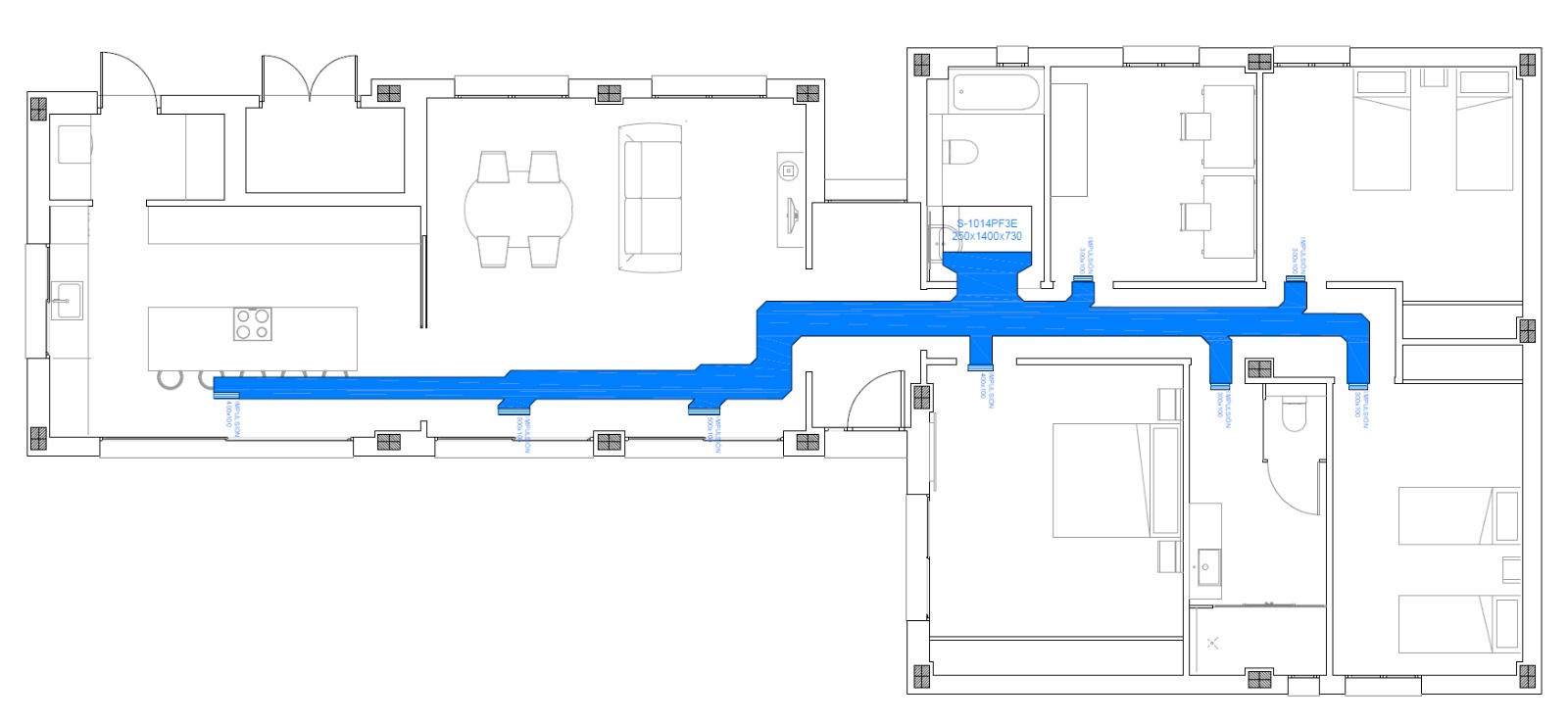 esquema aire acondicionado por conductos sobre plano de vivienda de una planta